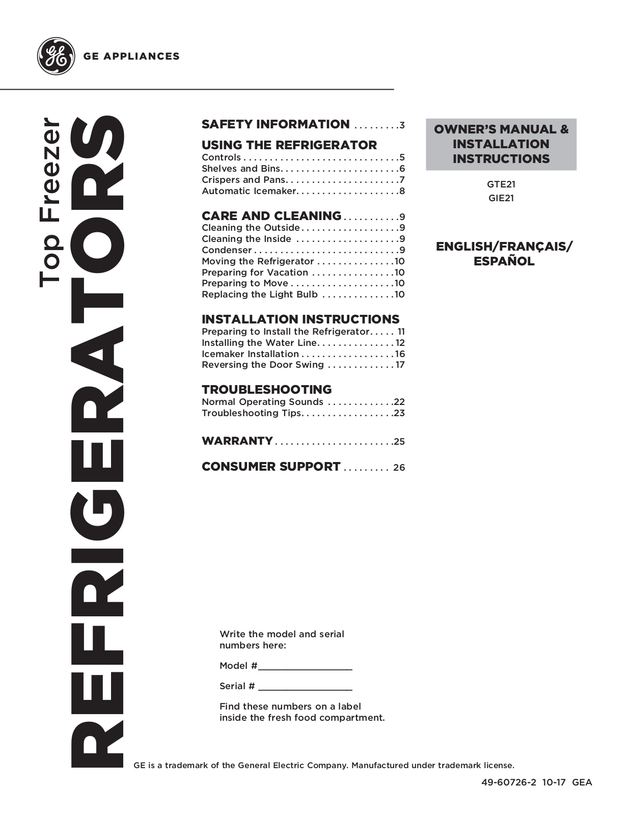 General Electric GTE21GMLES, GIE21GMLES Installation