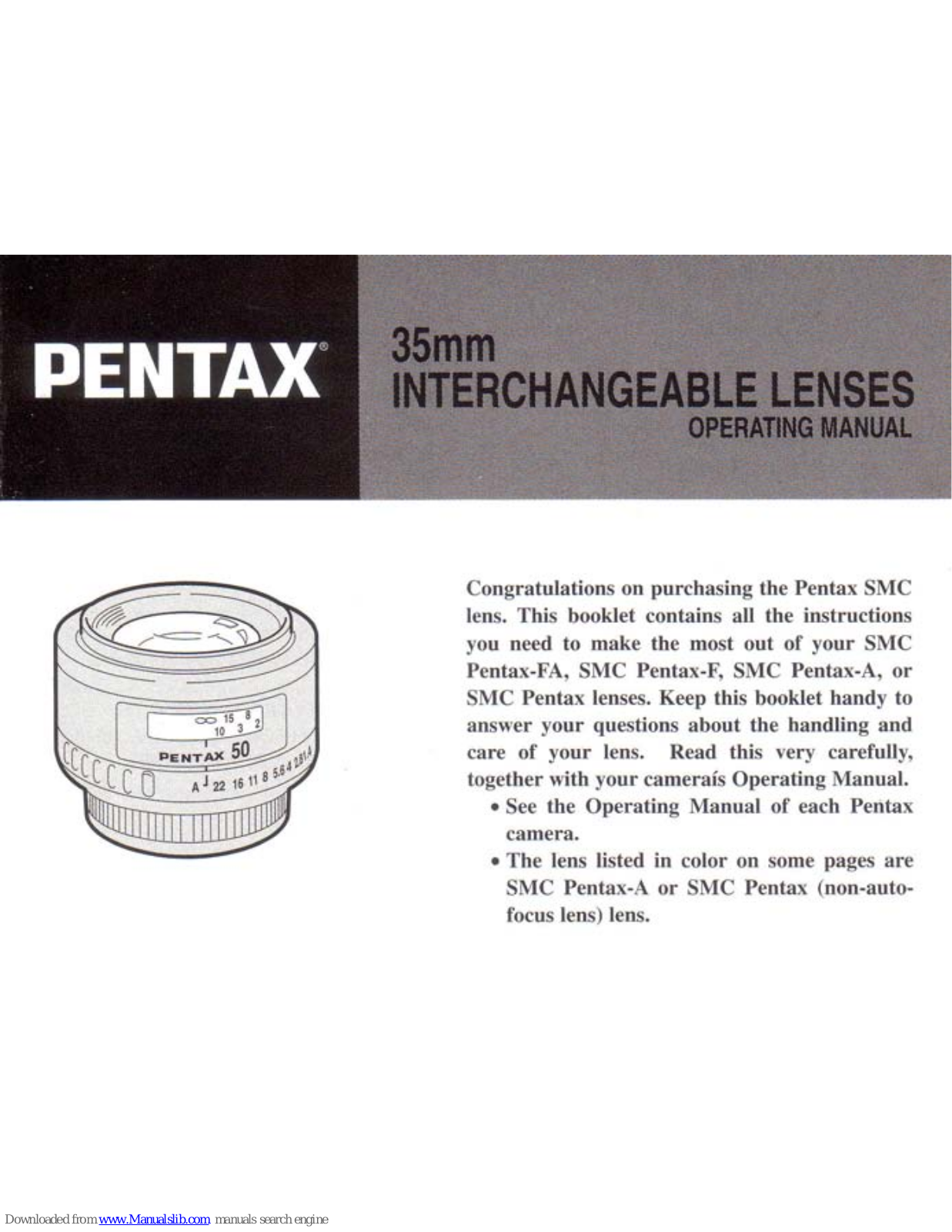 Pentax SMC Pentax-FA, SMC Pentax-A, SMC Pentax, SMC Pentax-F Operating Instructions Manual