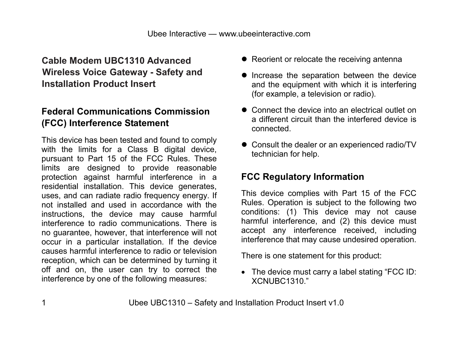 Ubee Interactive UBC1310 User Manual