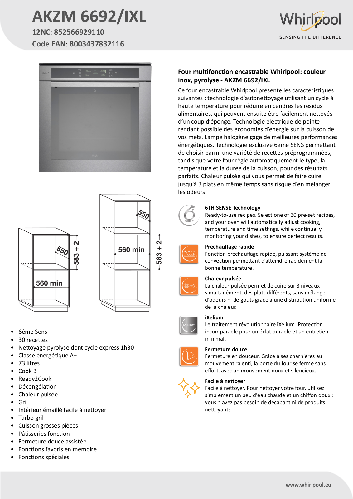 Whirlpool AKZM 6692/IXL Product information