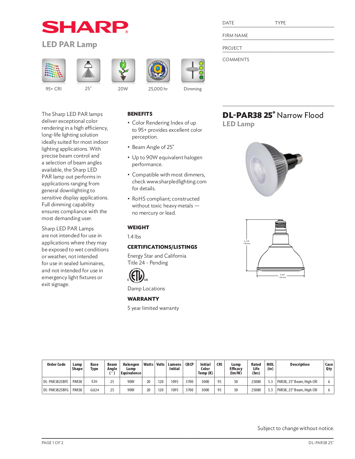 Sharp DLPAR3825BFE Specification