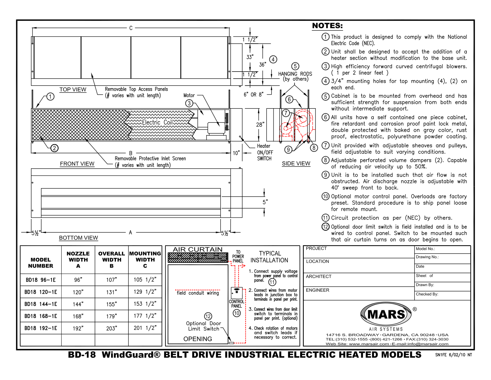 Mars Air BD18120-1E, BD18 144-1E User Manual