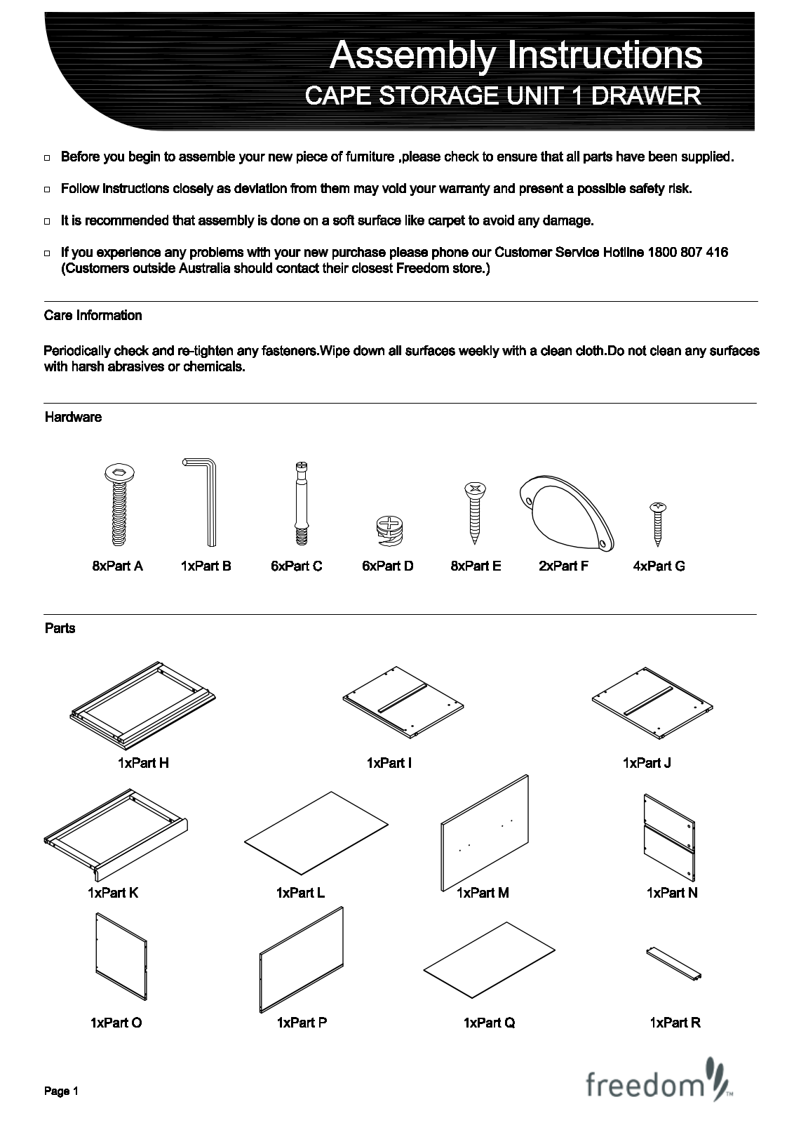 Freedom Cape Storage Unit 1 Drawer Assembly Instruction