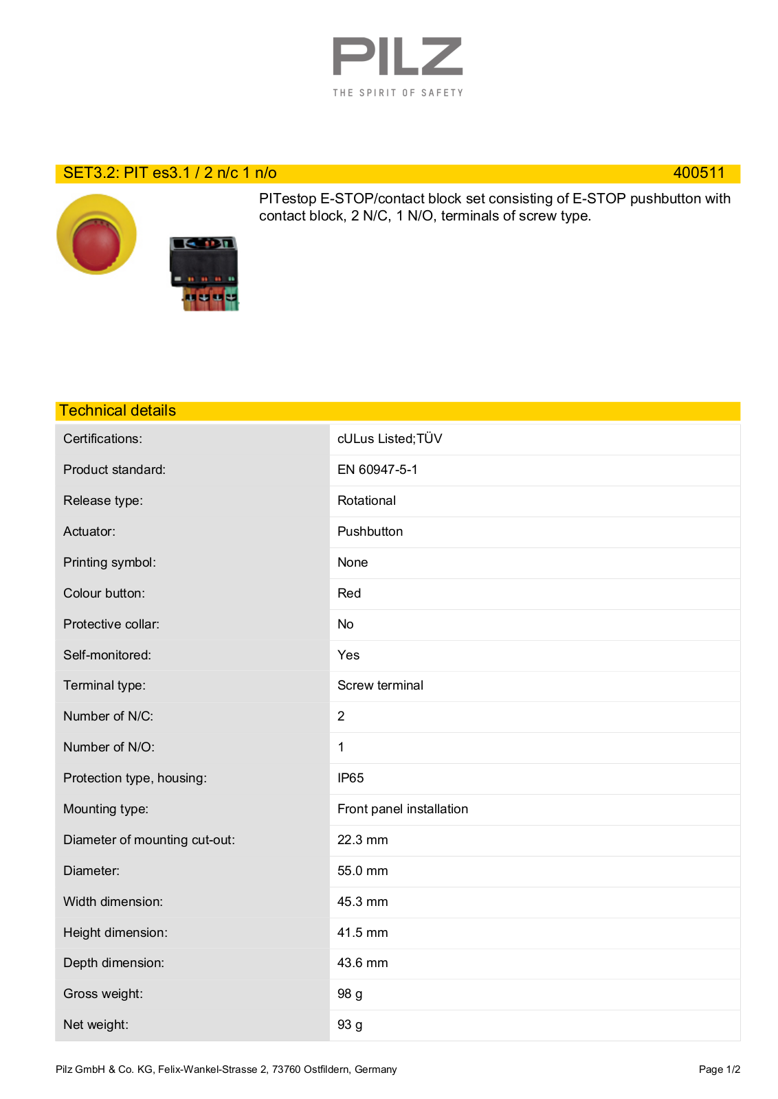 Pilz 400511 Data Sheet