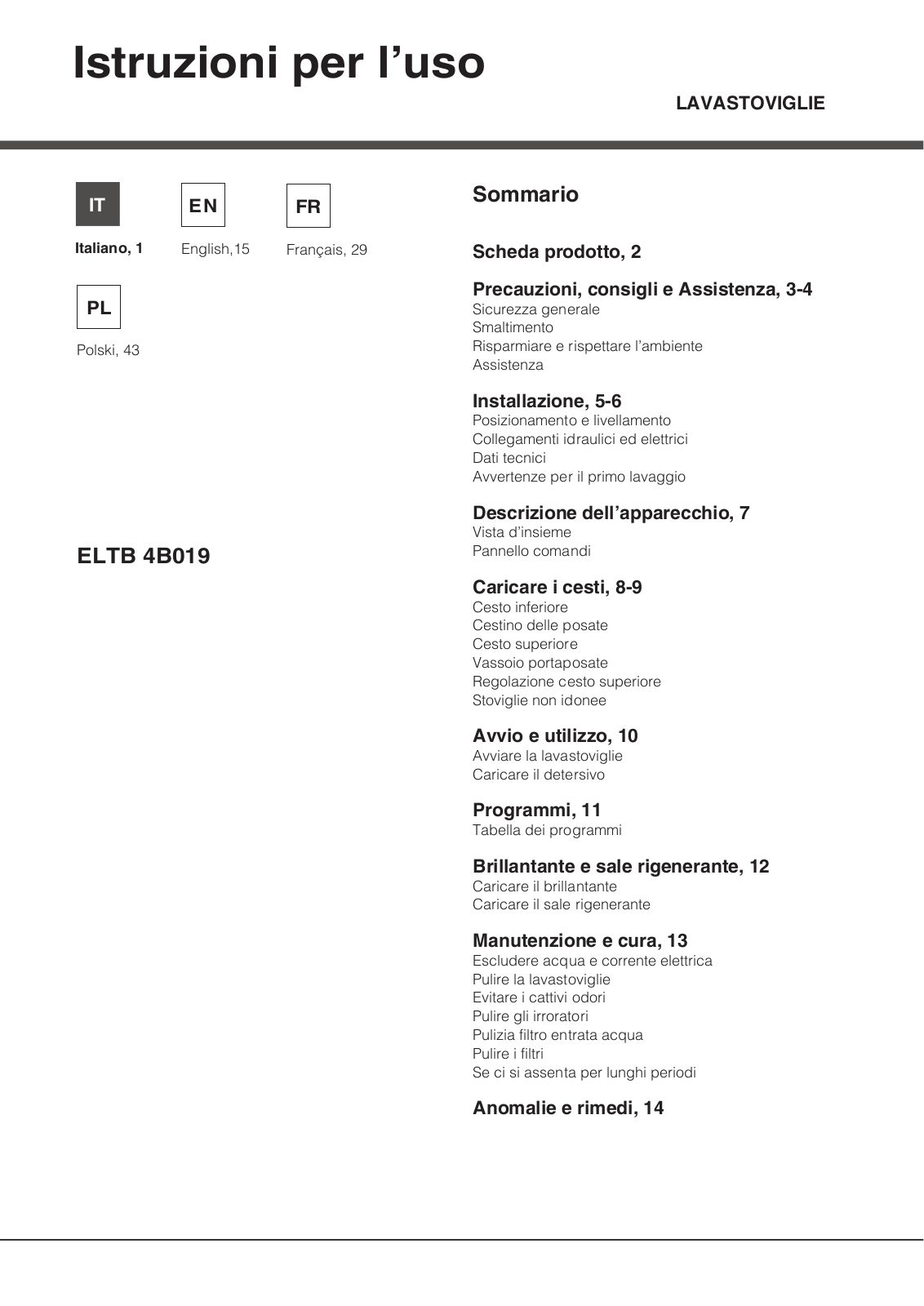 HOTPOINT/ARISTON ELTB 4B019 EU User Manual