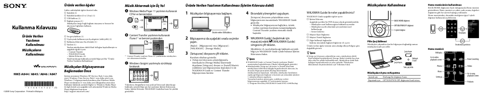 Sony NWZ-A847, NWZ-A846, NWZ-A845, NWZ-A844 User Manual