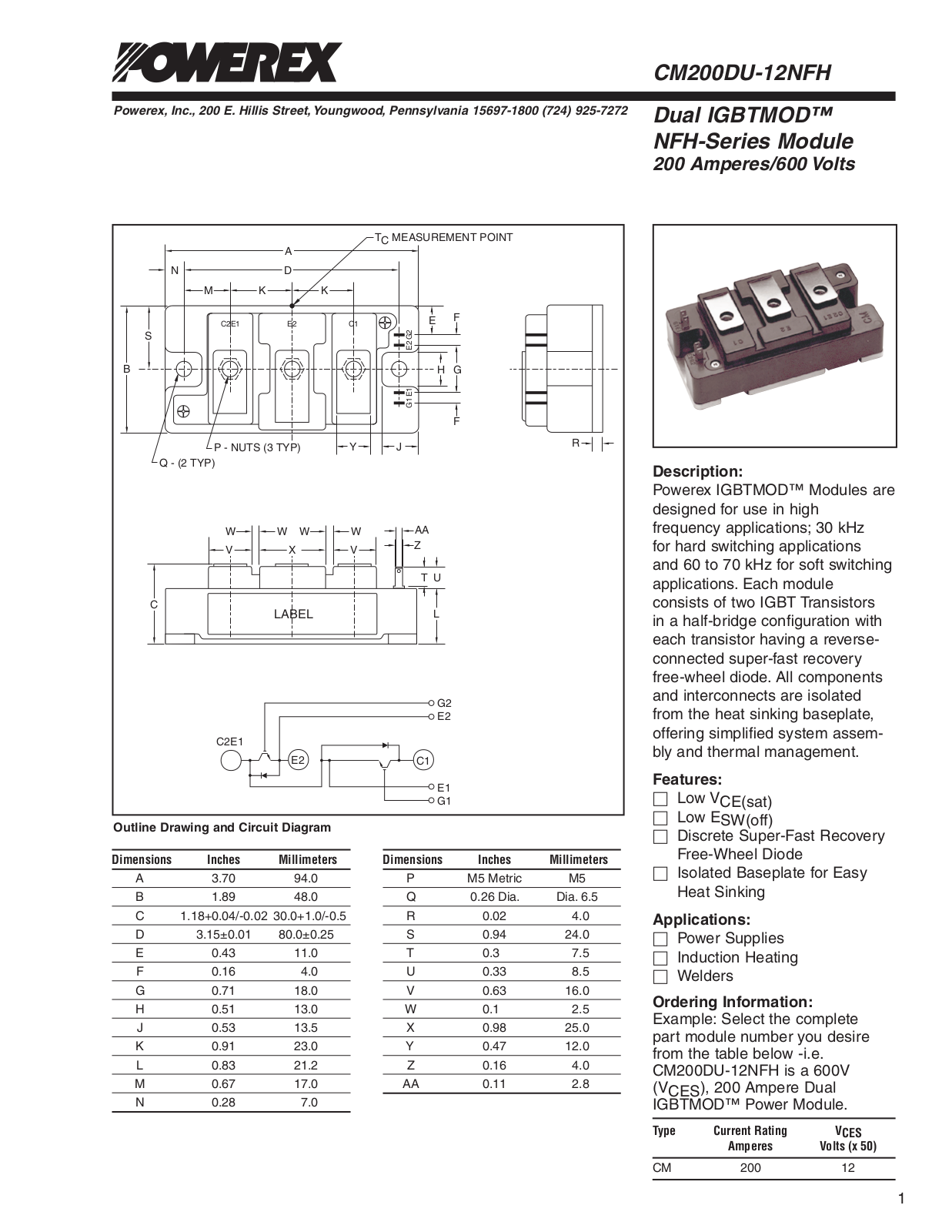 Powerex CM200DU-12NFH Data Sheet