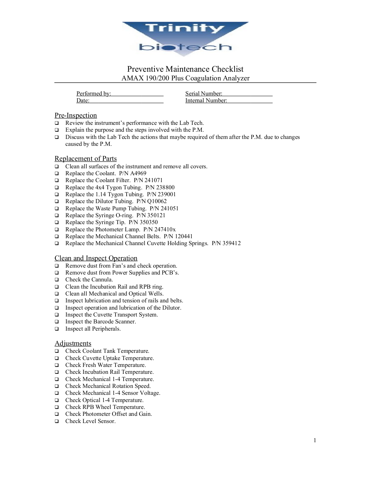 Trinity Biotech Amax 190-200 Maintenance Checklist