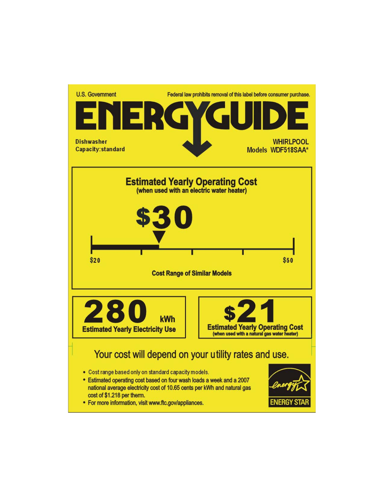 Whirlpool WDF518SAAW, WDF518SAAB ENERGY GUIDE