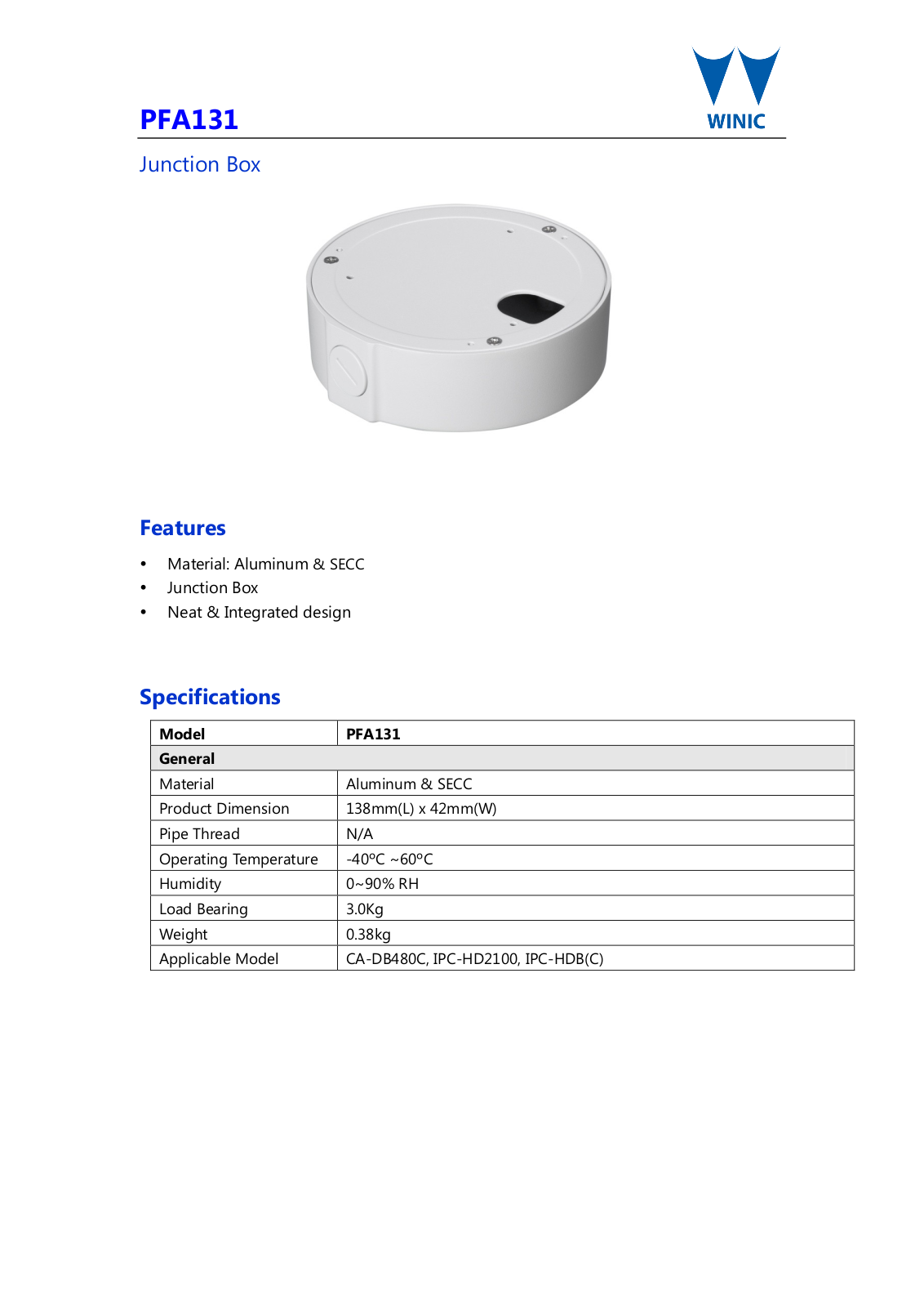 Cantek CT-W-PFA131 Specsheet