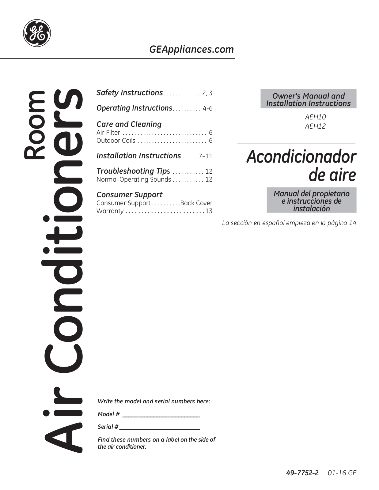 GE AEH12AVH2, AEH12AVH1, AEH10AVL1, AEH10AVH1 Owner’s Manual