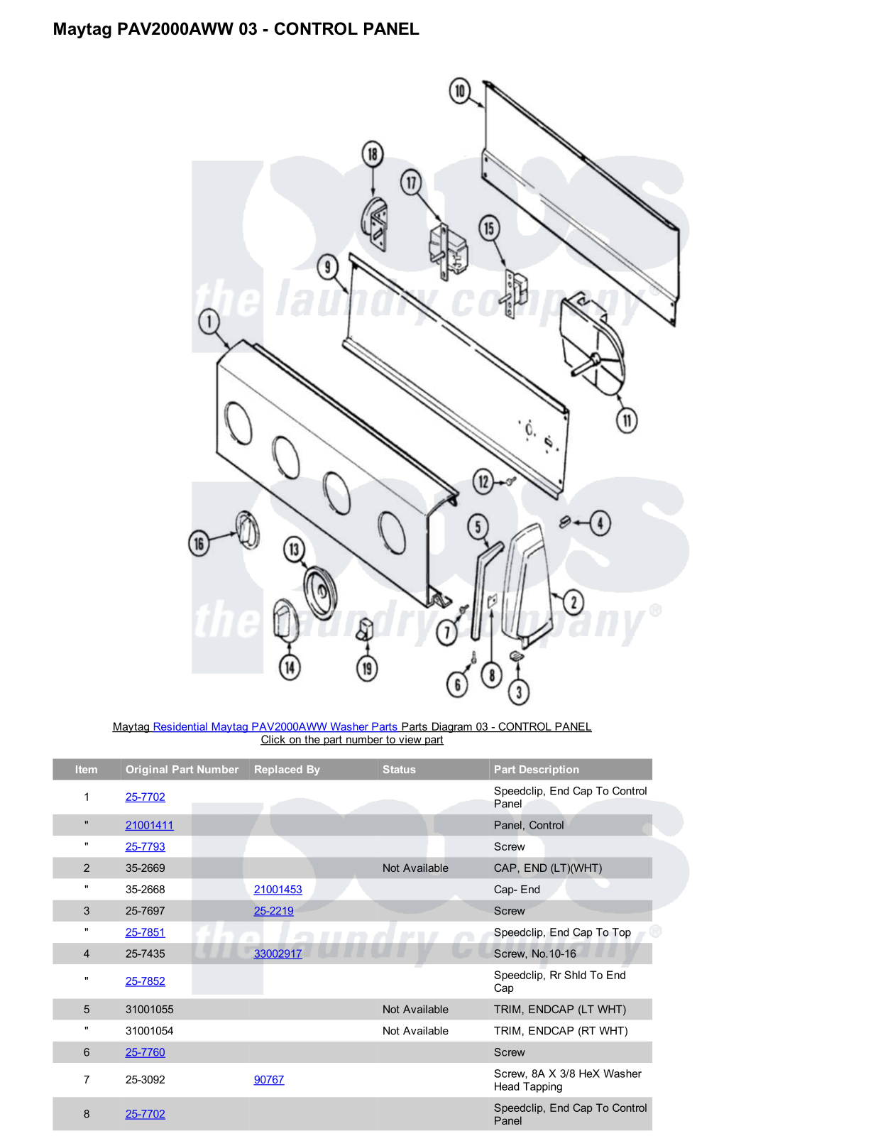 Maytag PAV2000AWW Parts Diagram