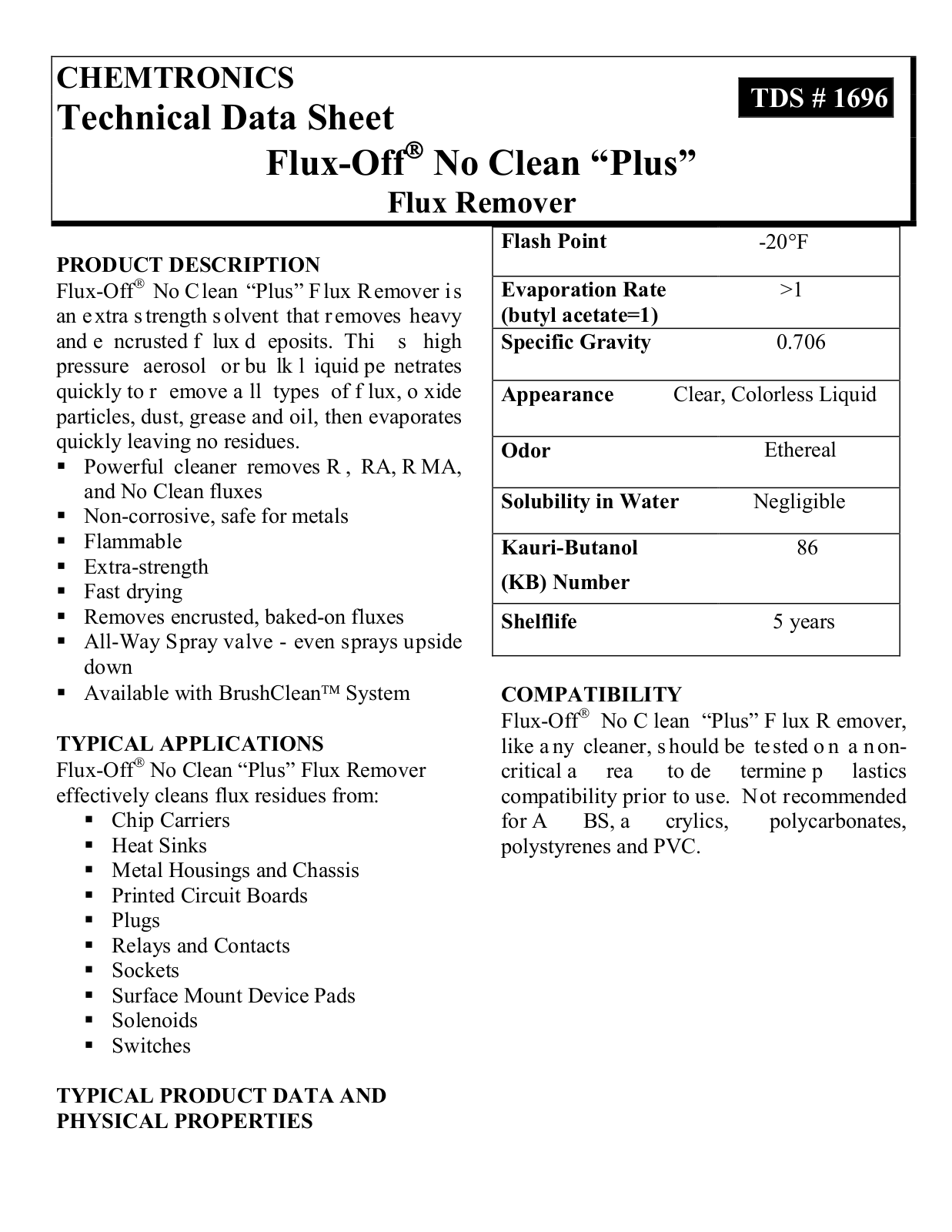 Chemtronics 1696 Data Sheet