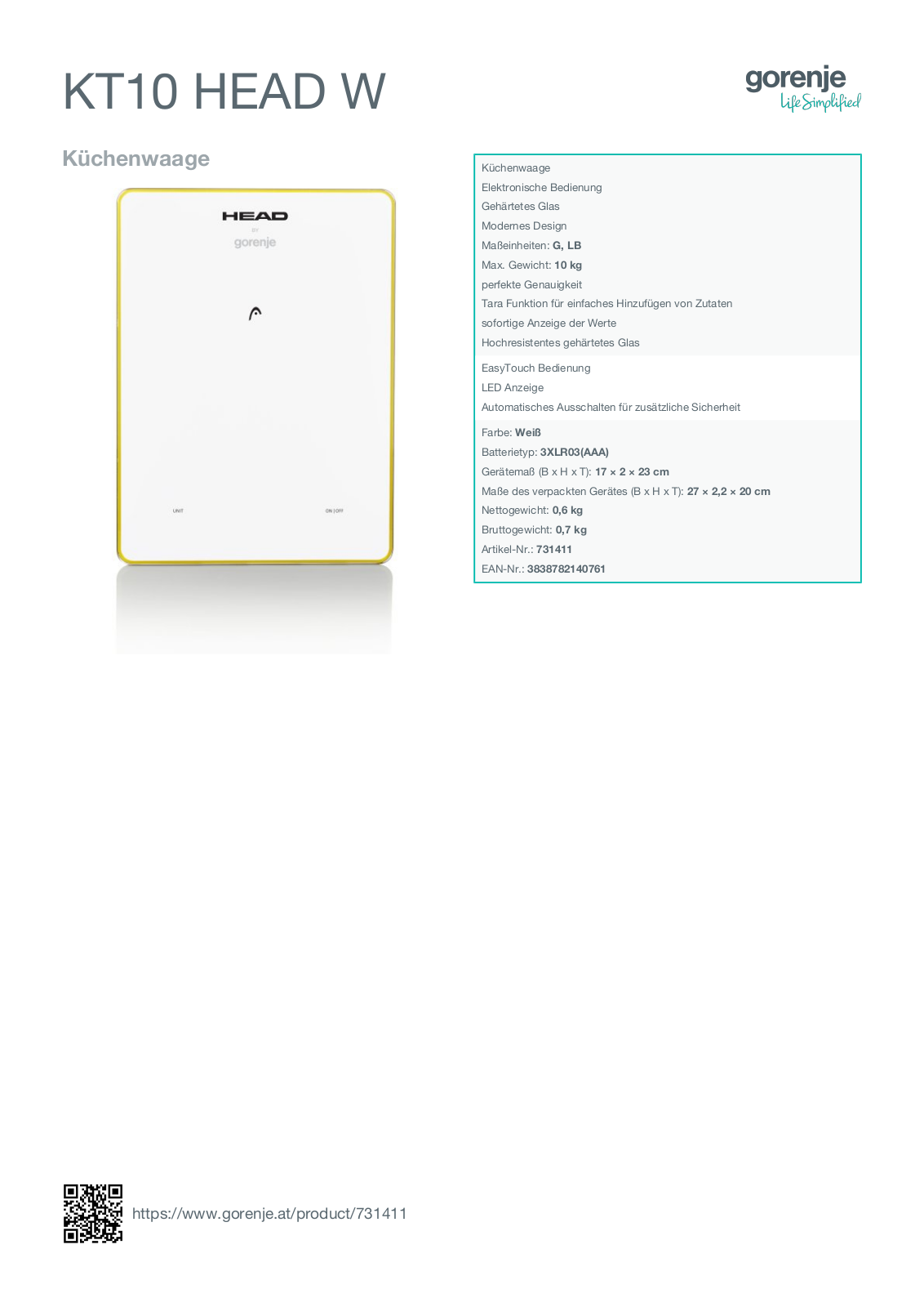 Gorenje KT10 HEAD W User Manual