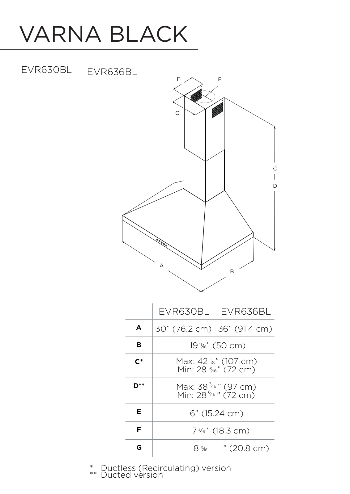 Elica EVR630BL, EVR636BL Dimension Guide