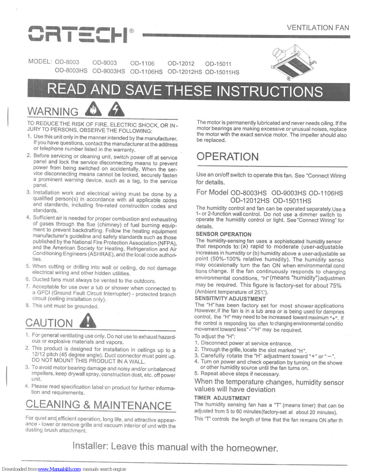 Ortech OD-8003, OD-9003, OD-1106, OD-12012, OD-15011 Instruction Manual