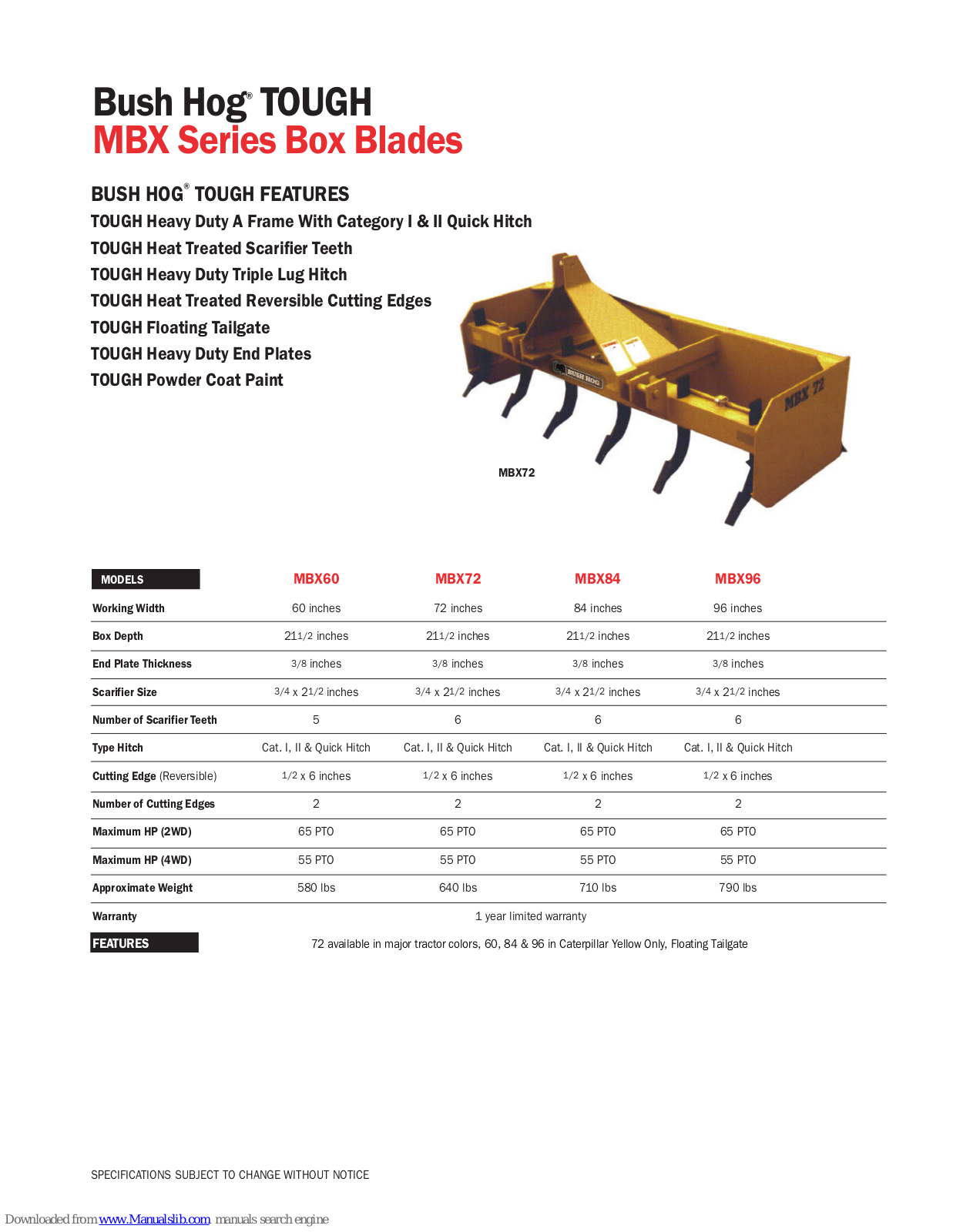 Bush Hog Box Blades MBX, TOUGH MBX60, TOUGH MBX72, TOUGH MBX84, TOUGH MBX96 Specifications