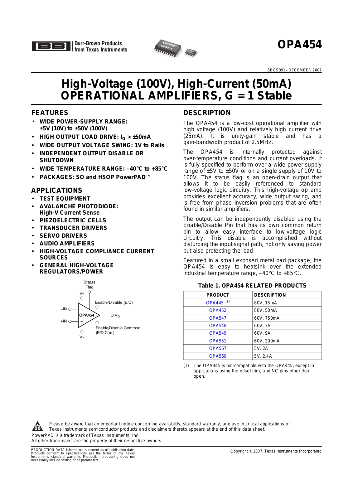 Texas Instruments OPA454, OPA454AIDWDR Datasheet