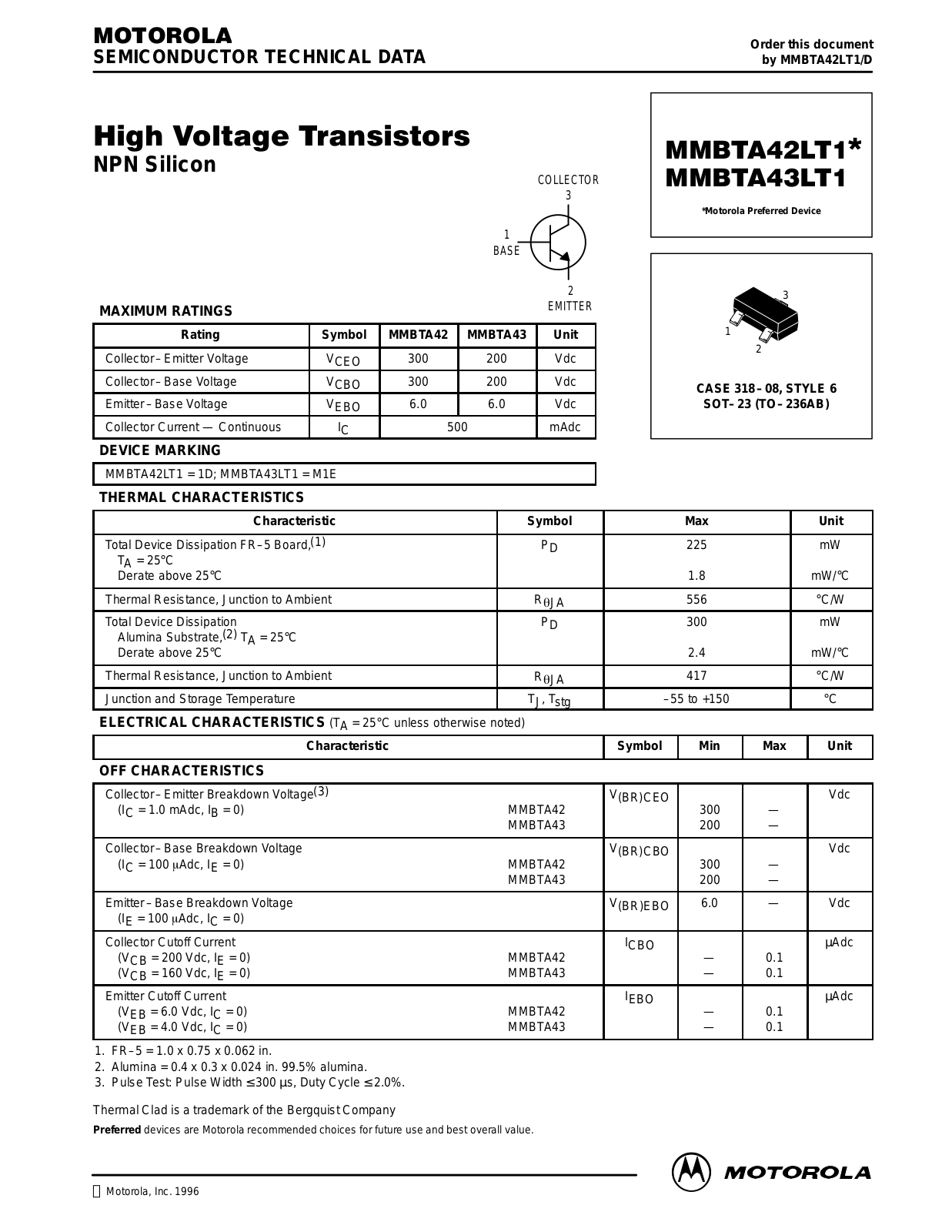 Motorola MMBTA42LT1 Datasheet