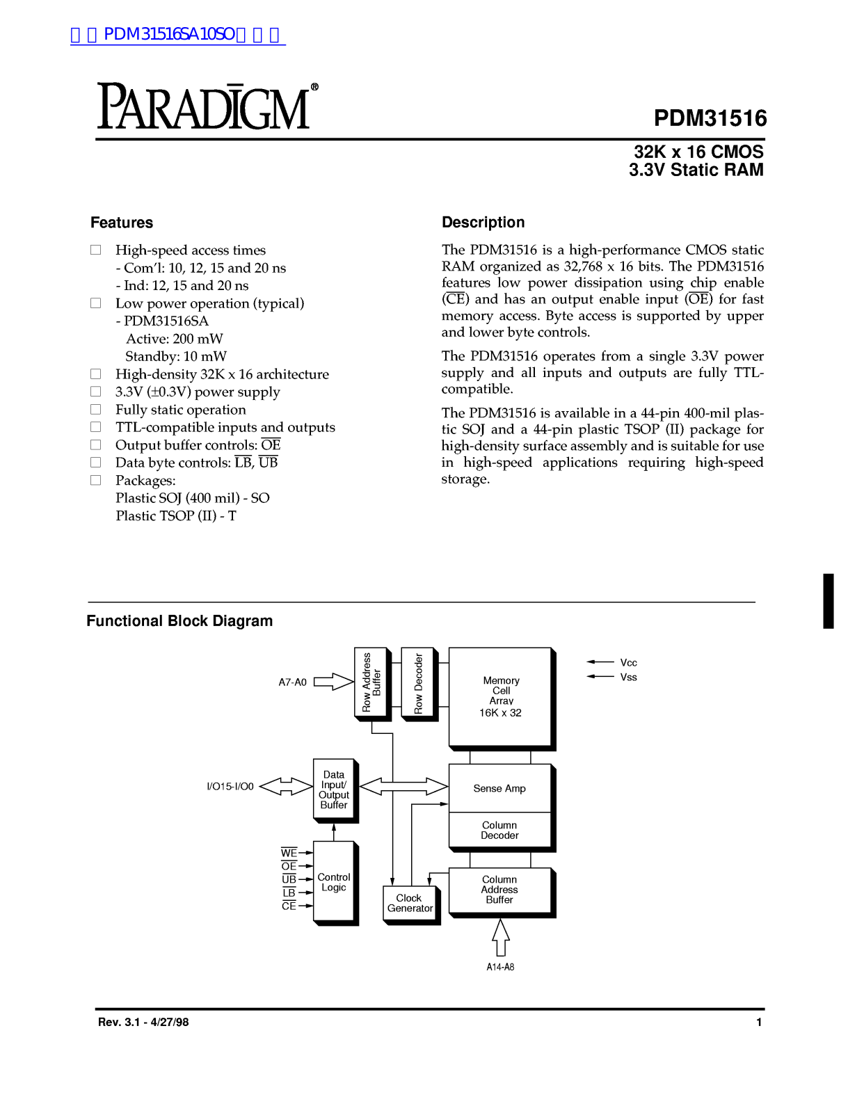 PARADIGM PDM31516 Technical data