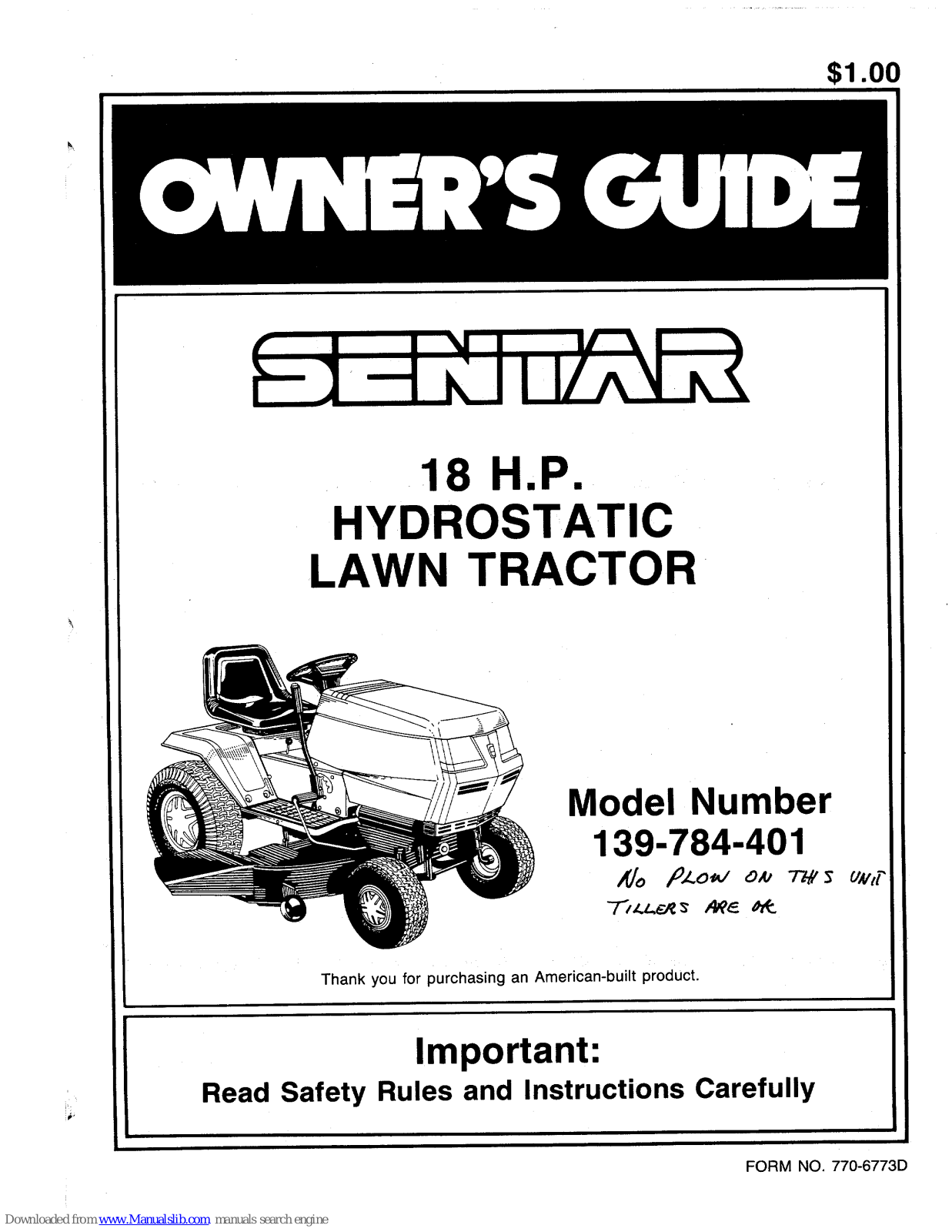 Sentar/MTD products 139-784-401, 784 Owner's Manual