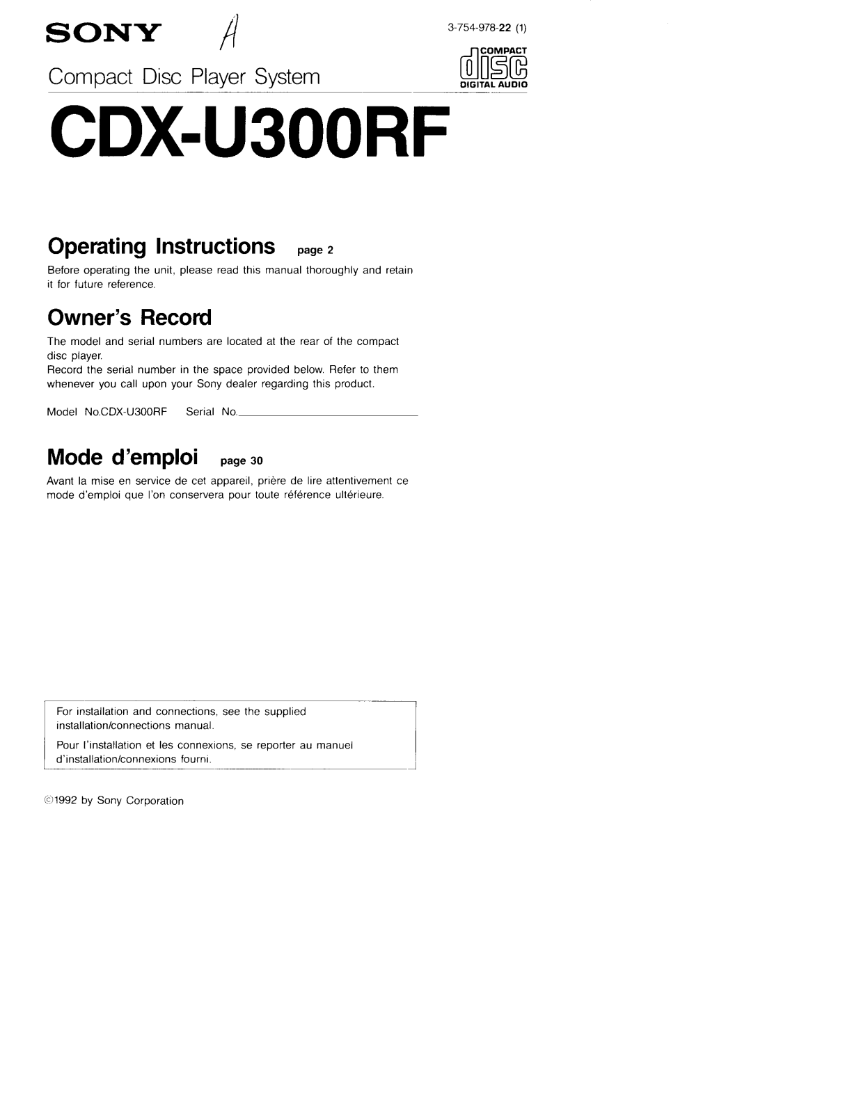 Sony CD-XU300RF User Manual