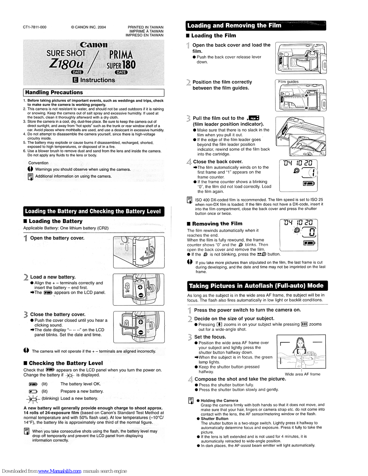 Canon Z180u - Sure Shot Date Body, Prima Super 180 Date Instructions Manual