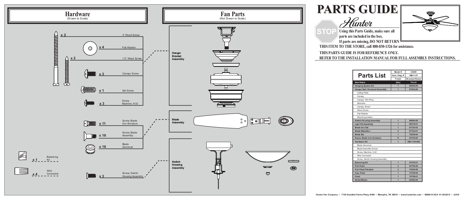 Hunter 23289 Parts Guide