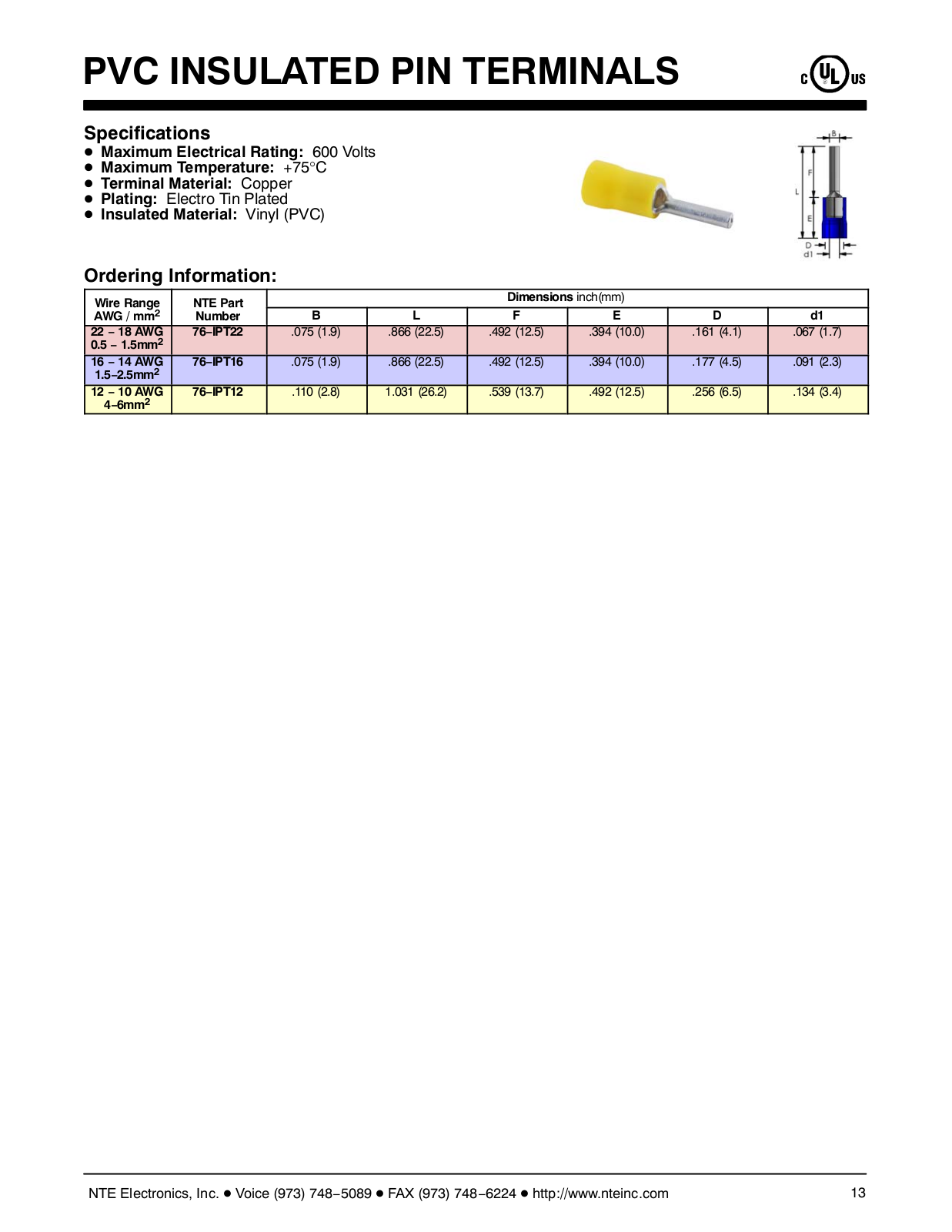 NTE Electronics PVC INSULATED PIN TERMINALS Catalog Page