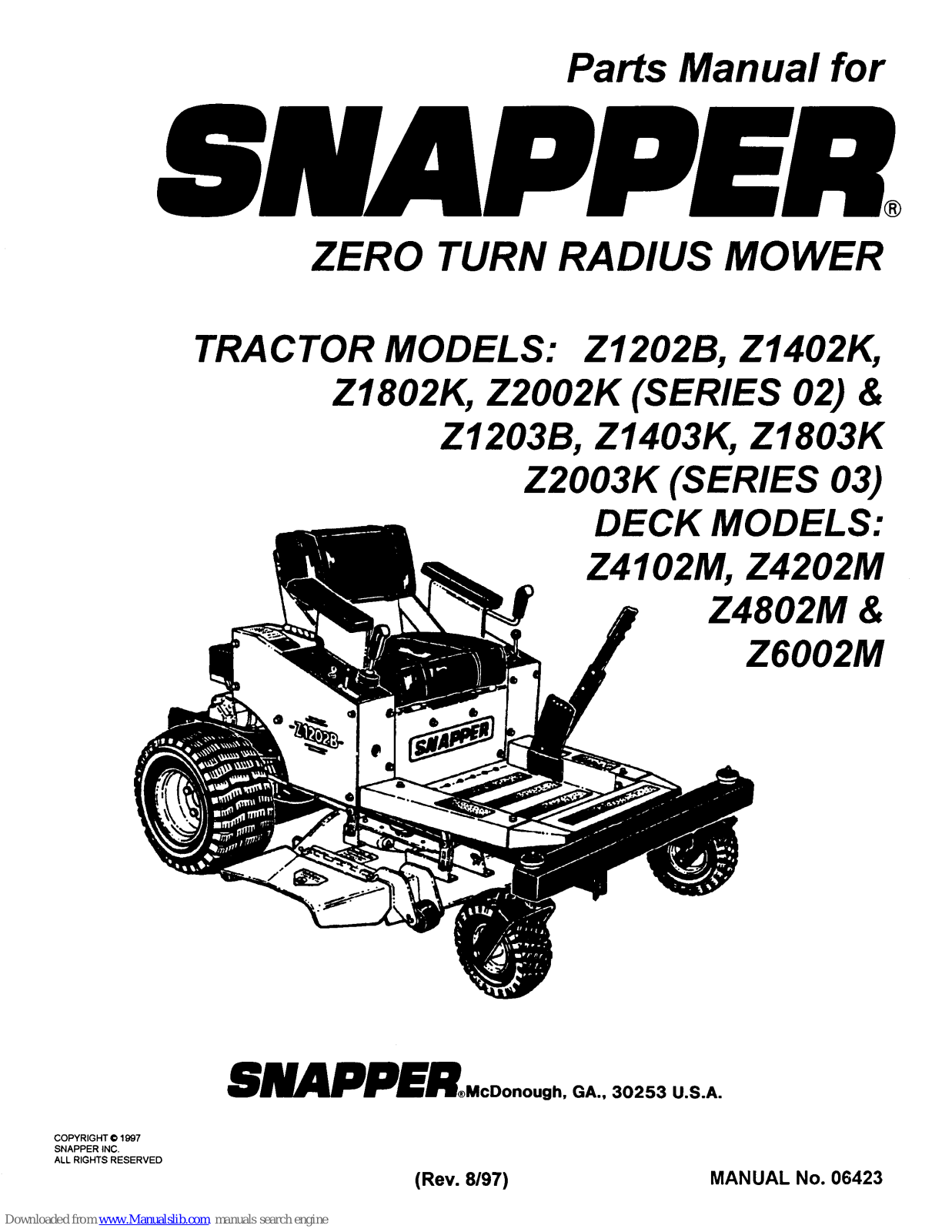 Snapper Z2002K (Series 02), Z2003K (Series 03), Z6002M, Z4102M, Z4202M Parts Manual