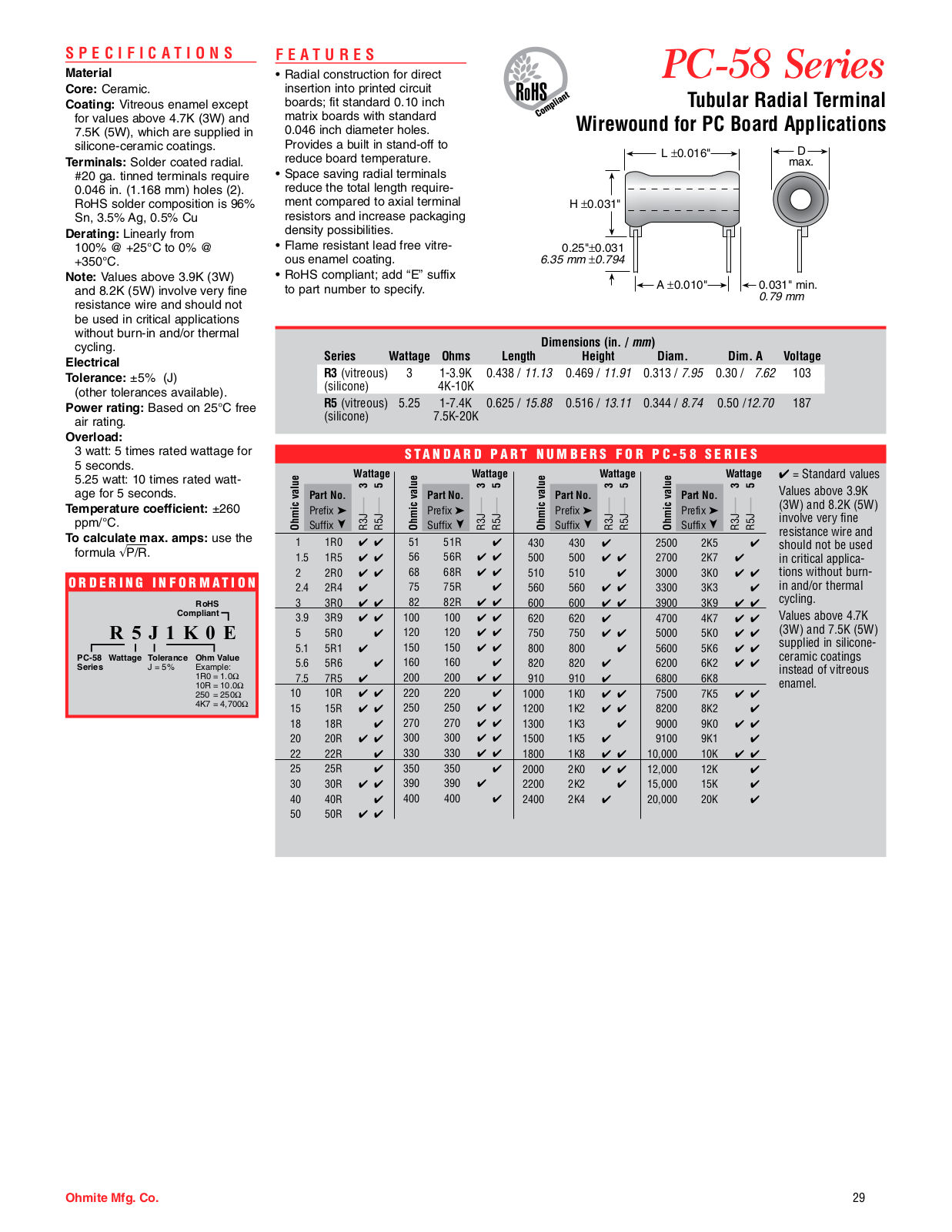 Ohmite PC-58 Series Data Sheet