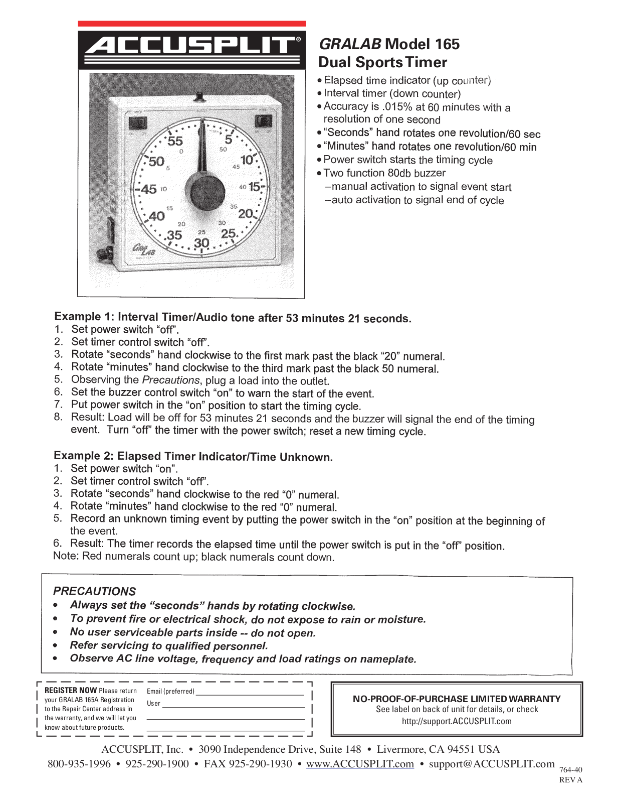 Accusplit G165S, GRALAB 165A User Manual