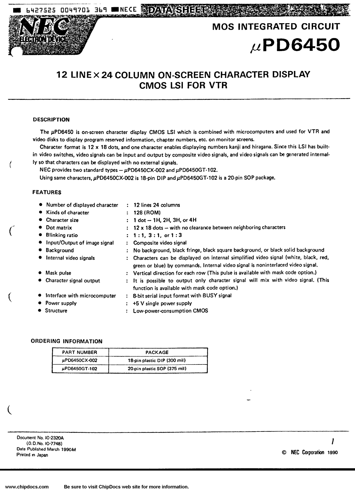 NEC UPD6450CX-002, UPD6450GT-102 Datasheet