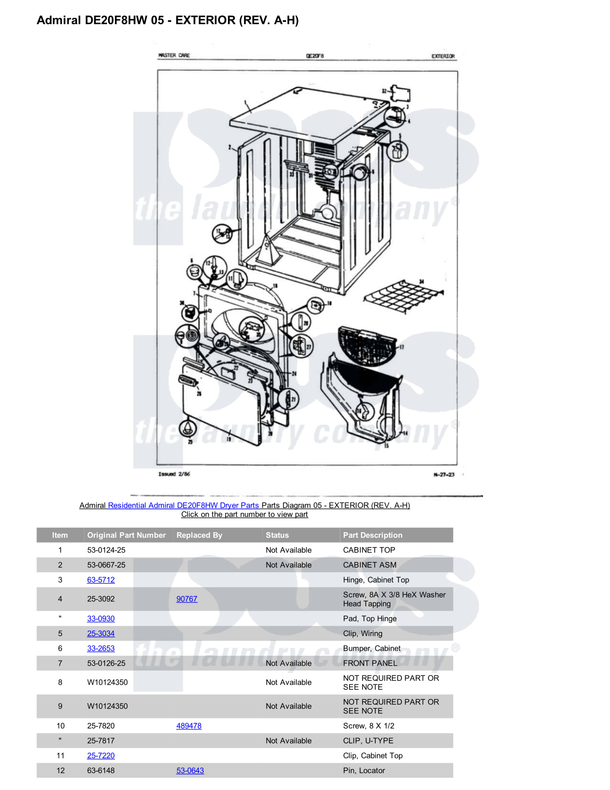 Admiral DE20F8HW Parts Diagram