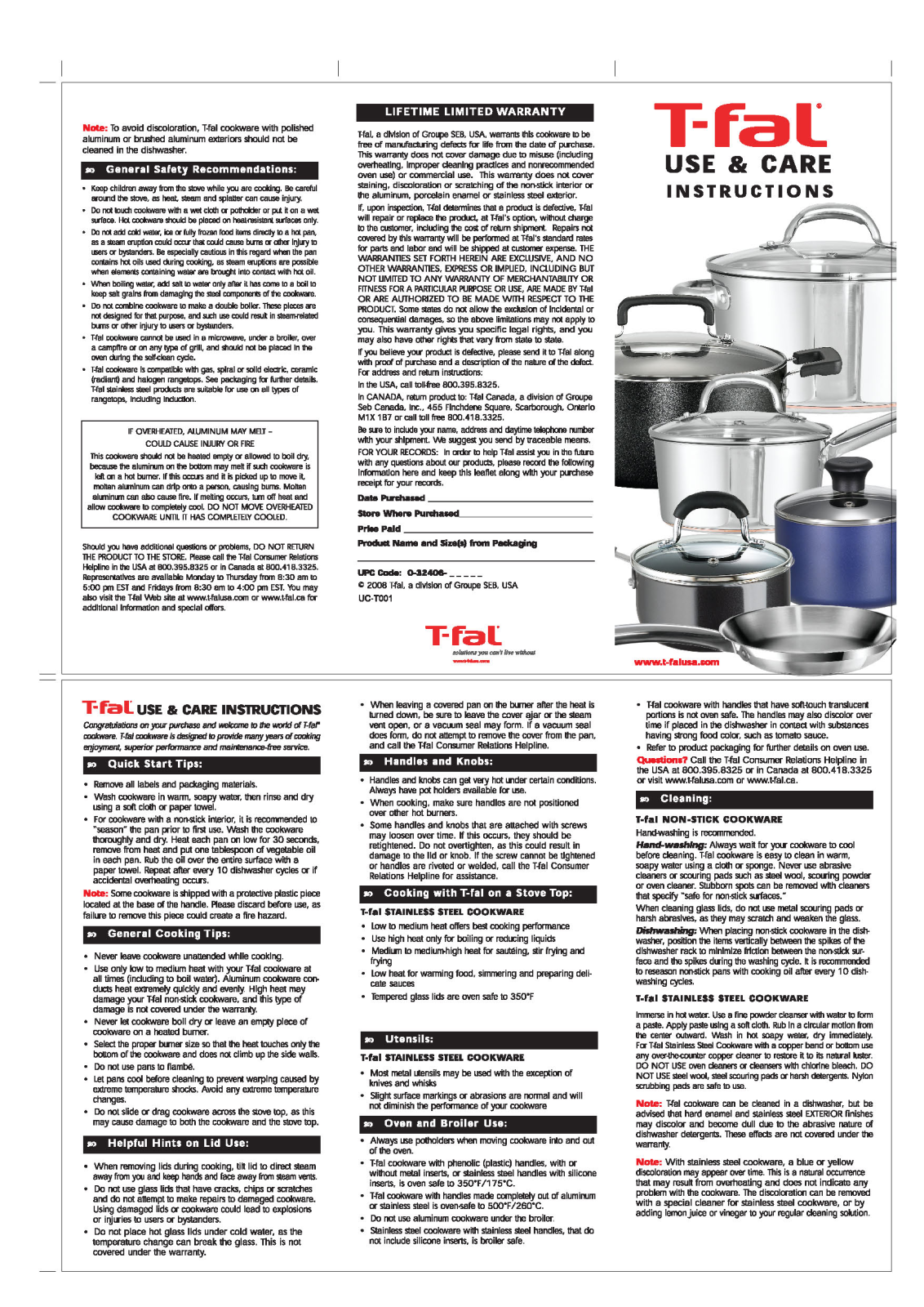 T-Fal UCT001 Instruction Manual