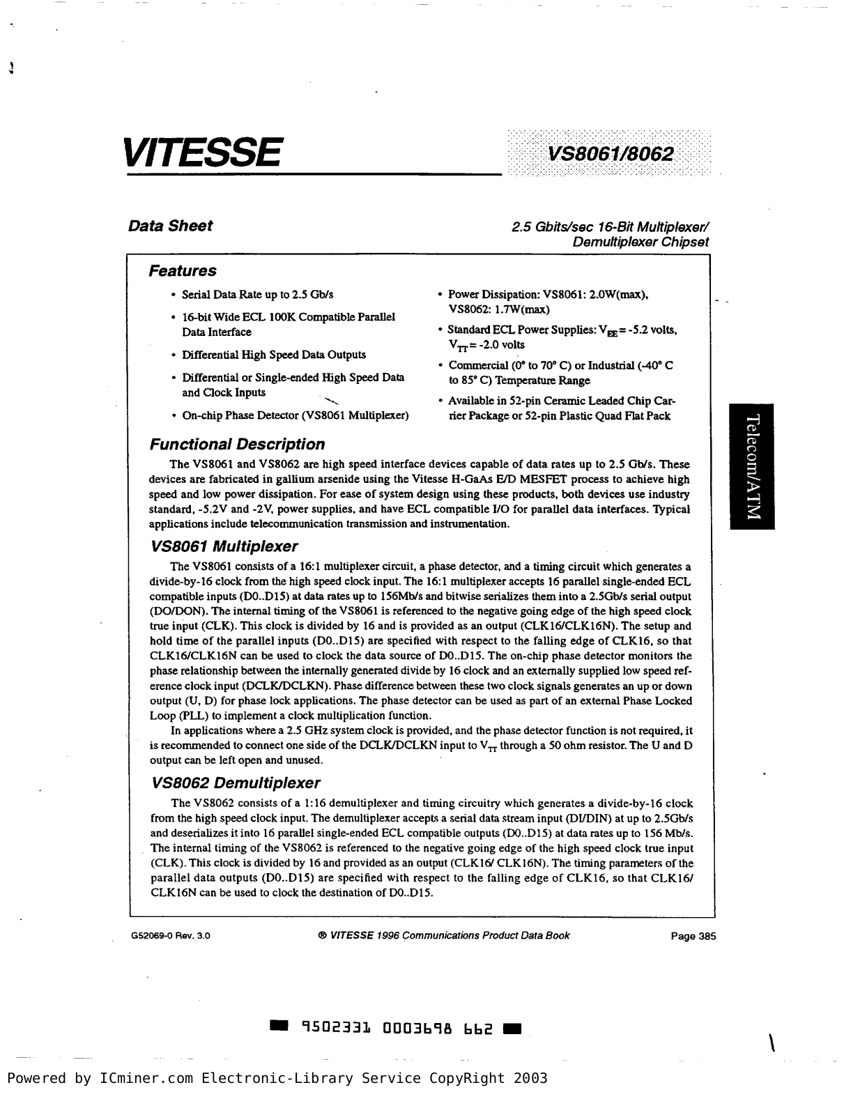 VITESSE VS8061, VS8062 DATA SHEET