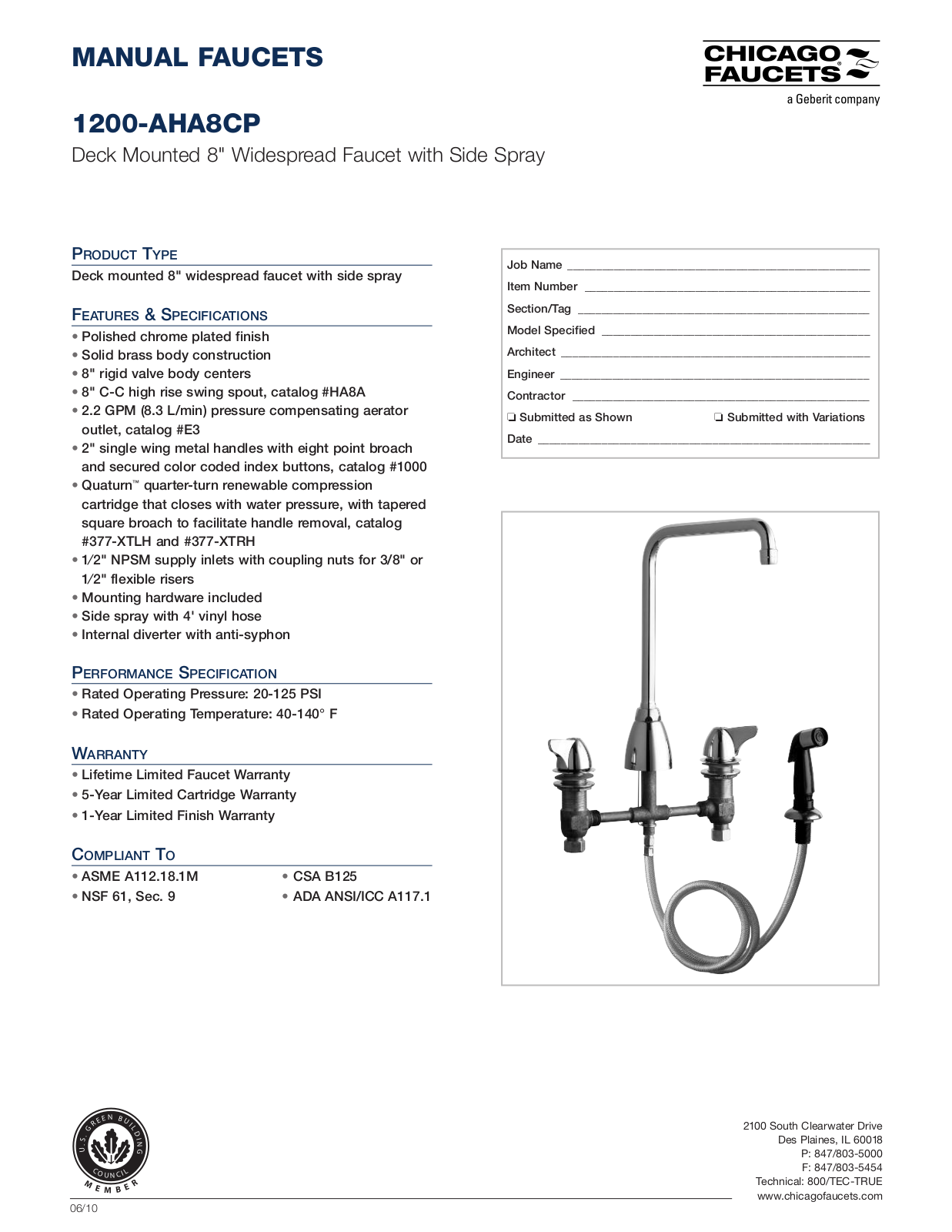 Chicago Faucet 1200-AHA8CP User Manual