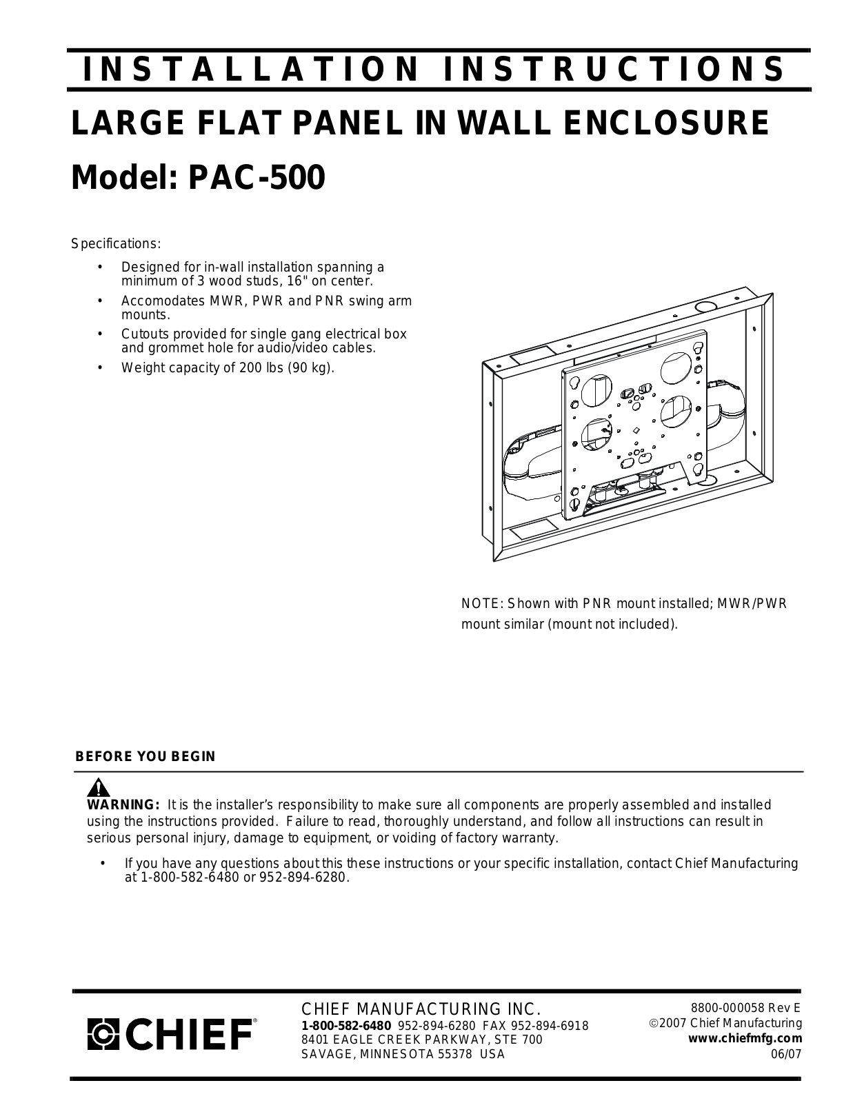 CHIEF PAC-500 User Manual