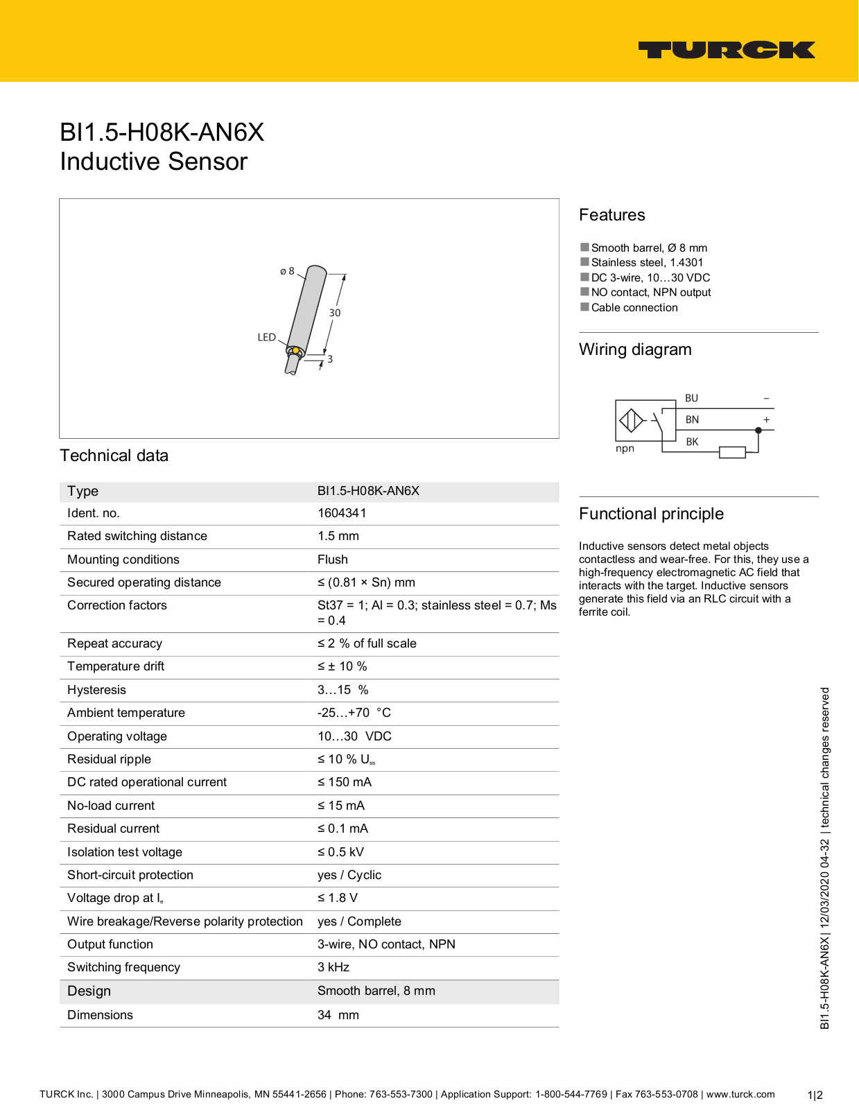 TURCK BI1.5-H08K-AN6X Datasheet