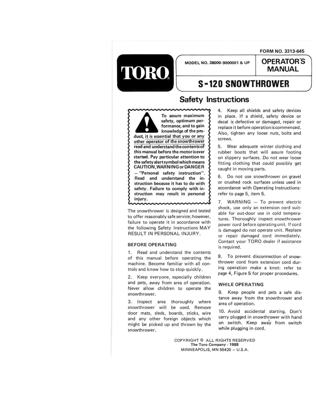 Toro 38000 Operator's Manual