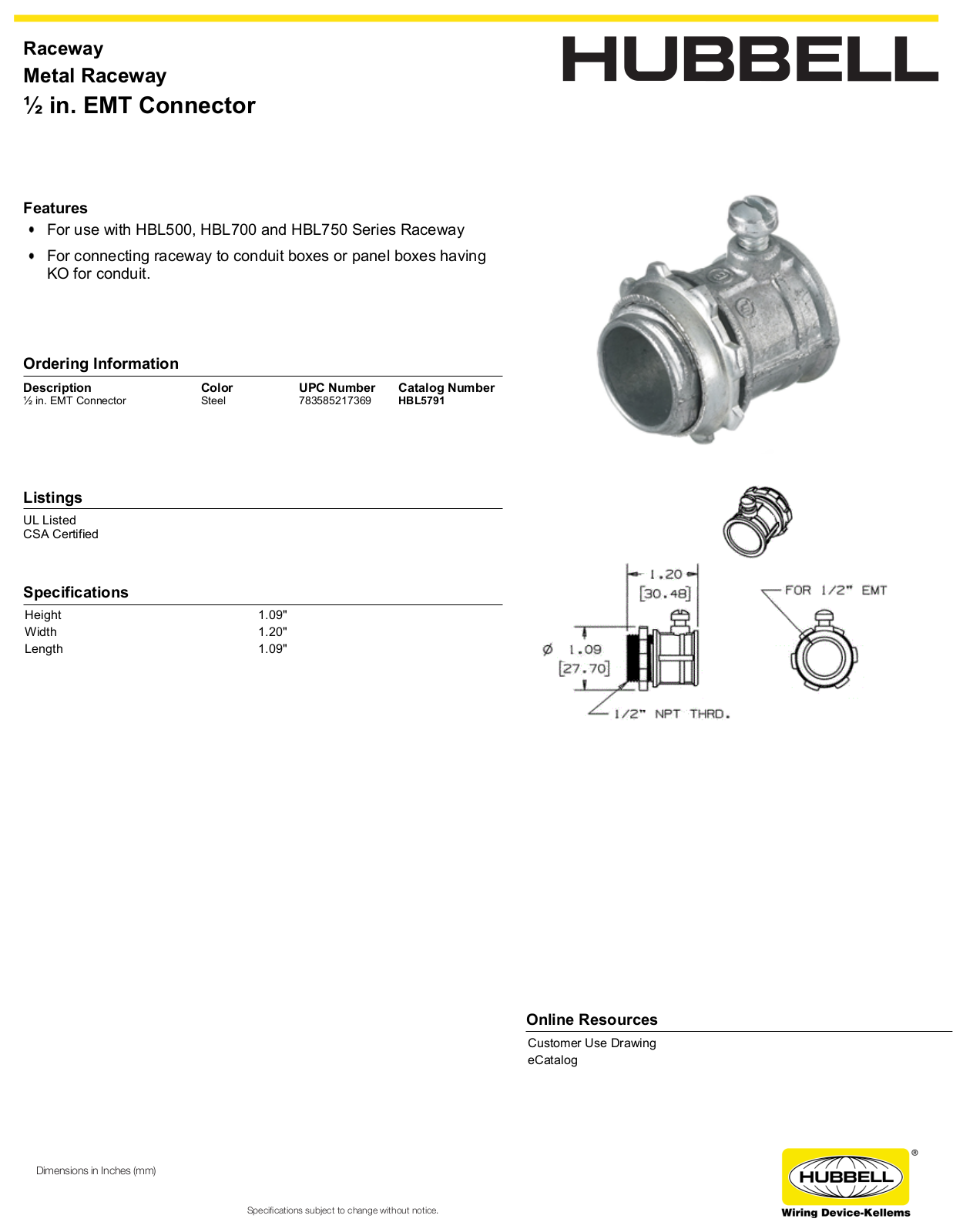 Hubbell HBL5791 Specifications