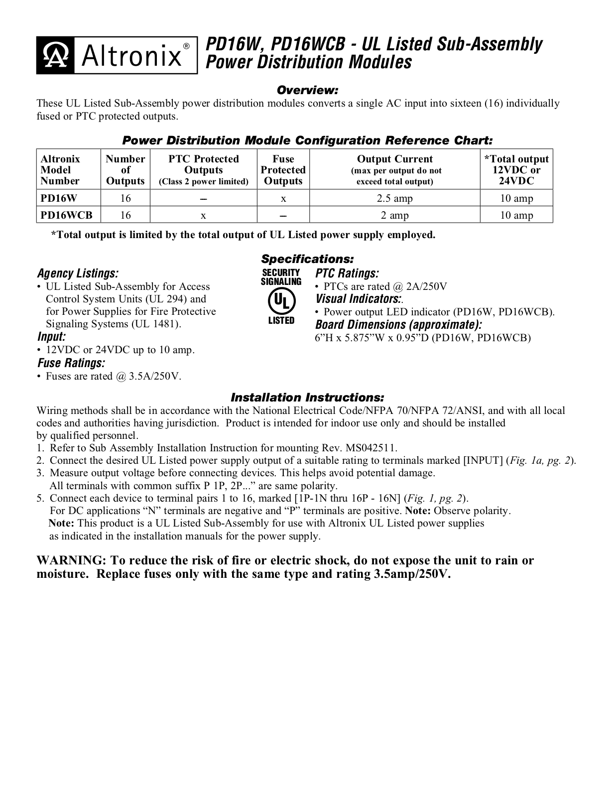 Altronix PD16WCB Installation Instructions