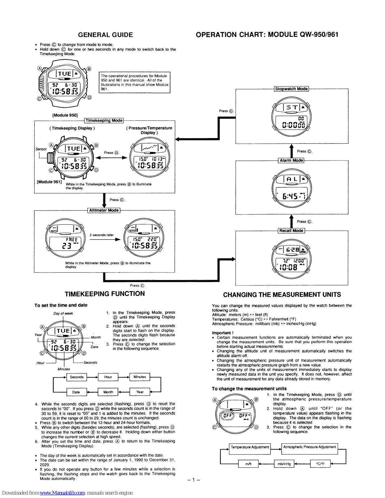 Casio QW-950-98, QW-950, QW-961 General Manual