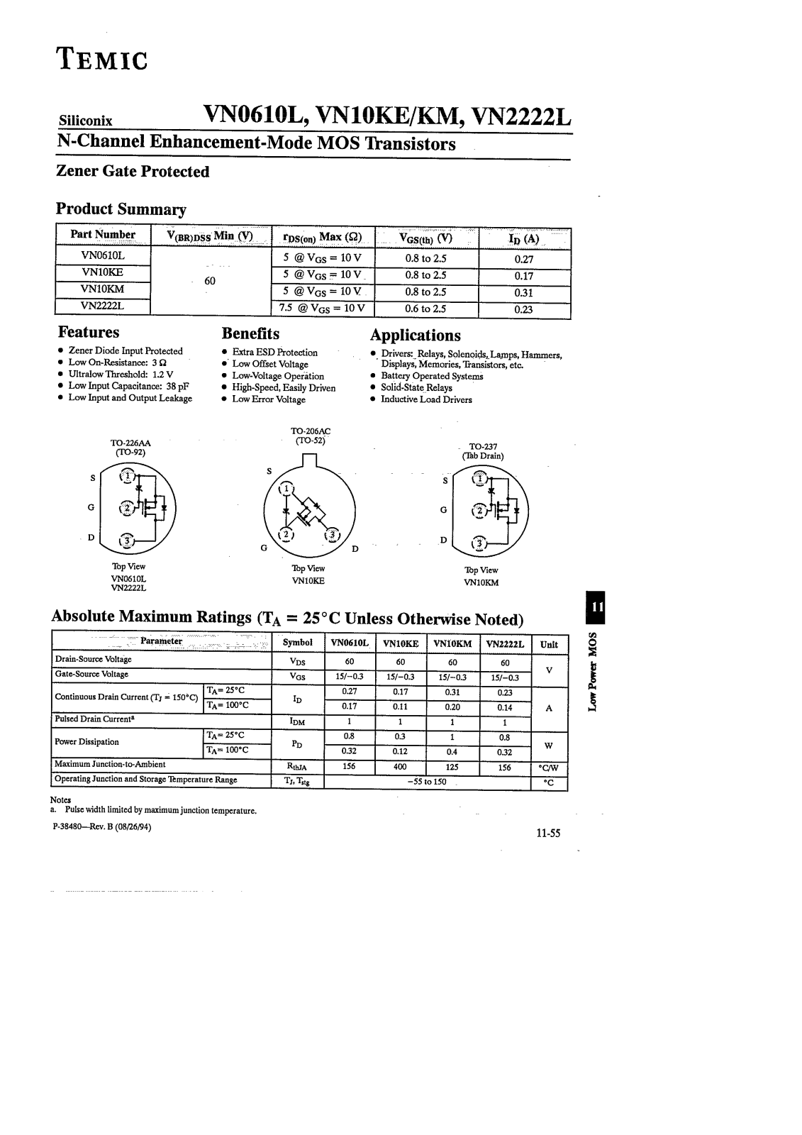 Telefunken VN2222L, VN0610L, VN10KM, VN10KE Datasheet