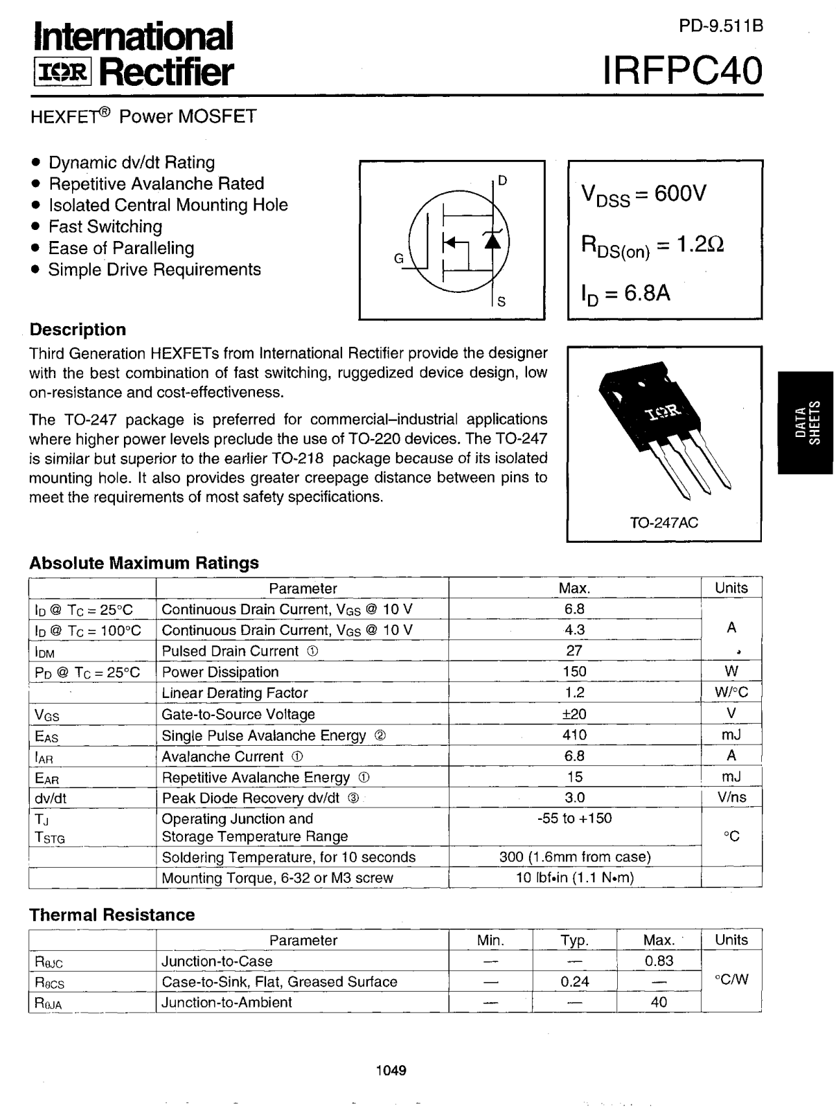 International Rectifier IRFPC40 Datasheet