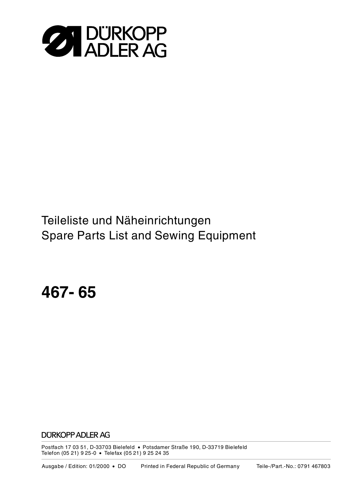 DURKOPP 467-65 Parts List