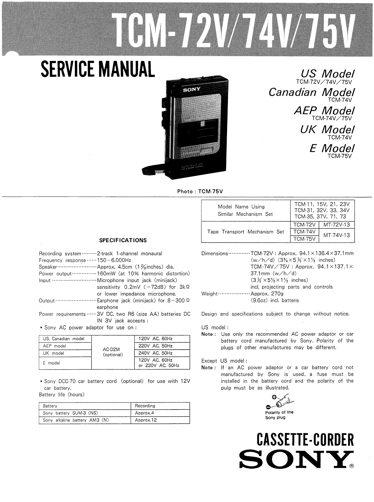 Sony TCM-74-V Service manual