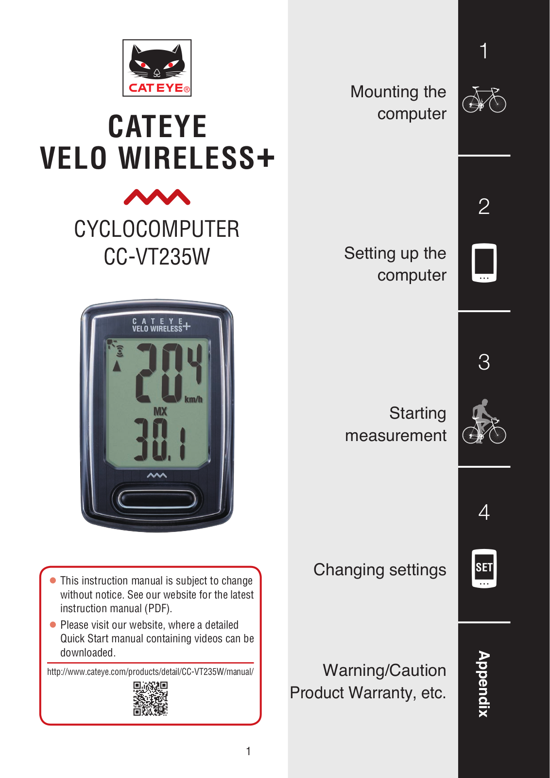 Cateye VELO Wireless+ CC-VT235W, Urban Wireless CC-VT240W User Manual