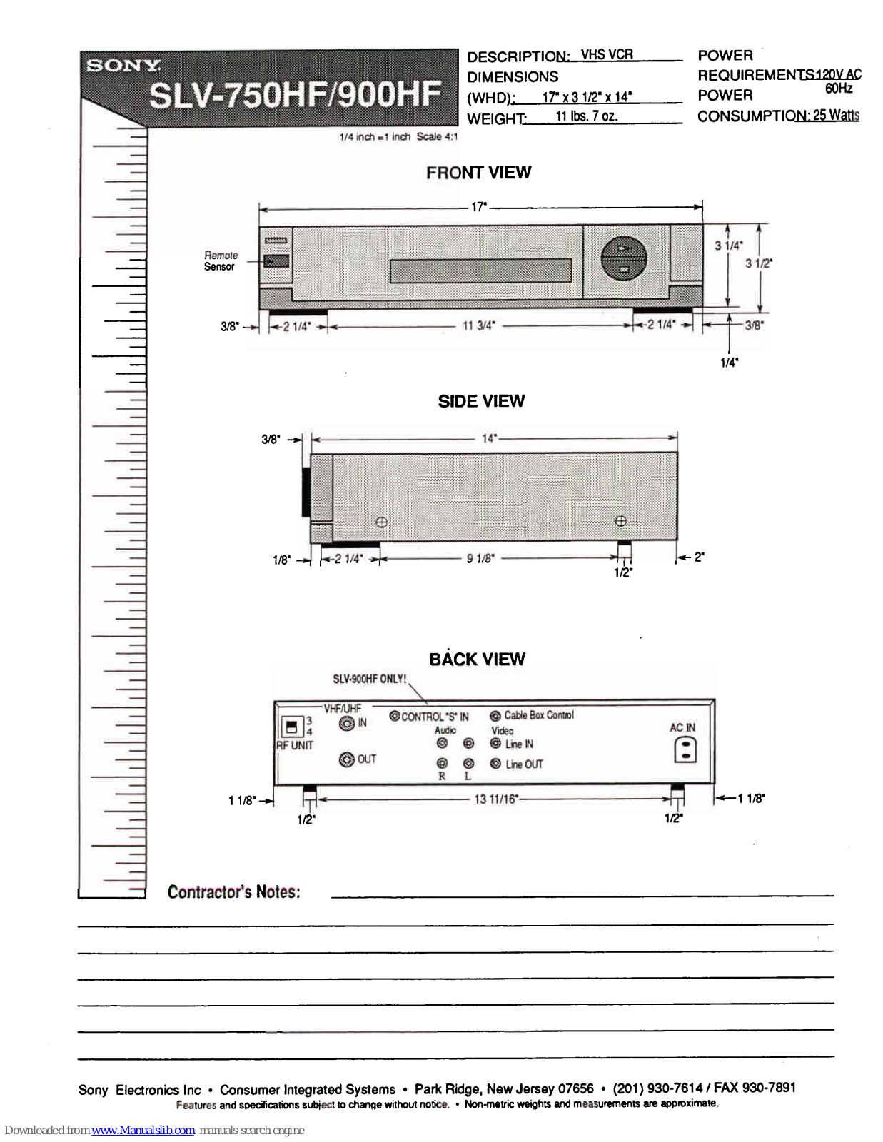 Sony SLV-750HF - Hi Fi Stereo Vhs Vcr, SLV-900HF Dimensions