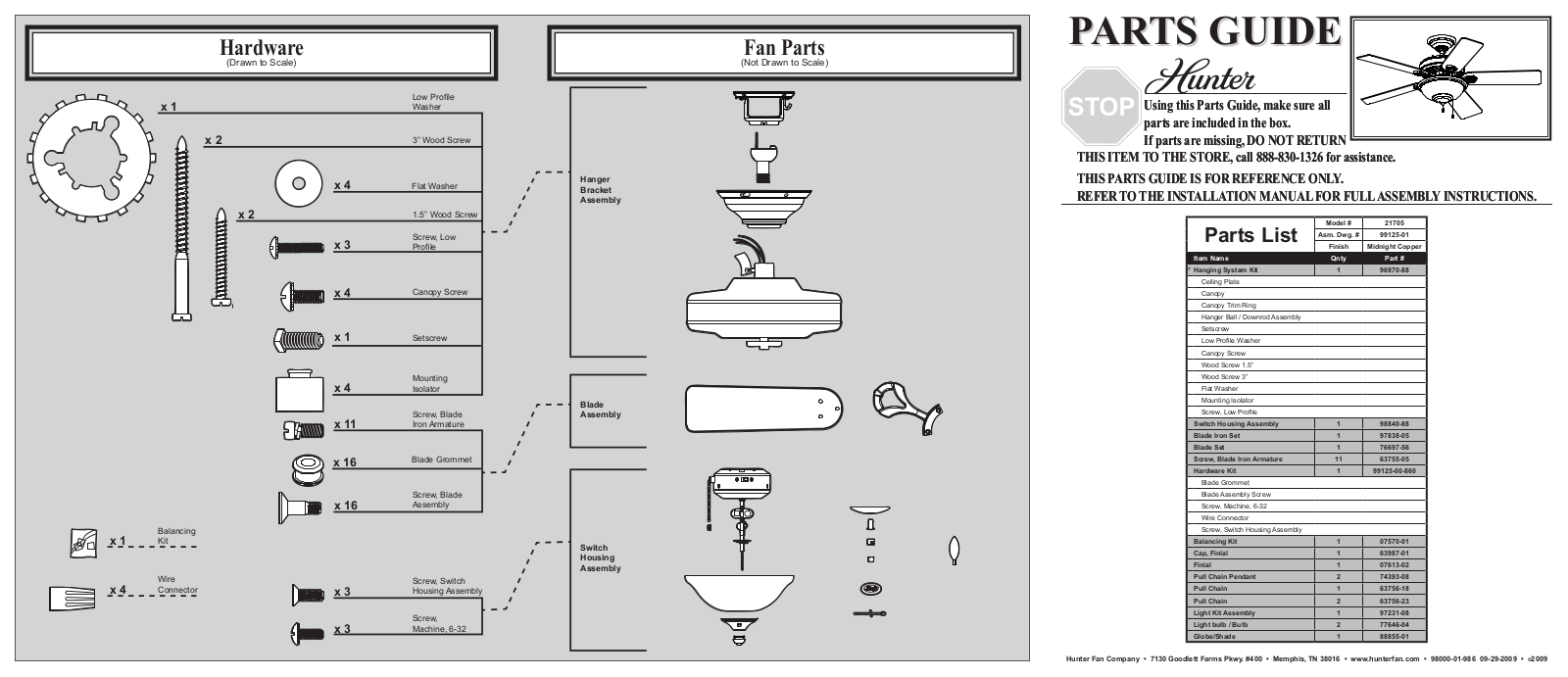 Hunter 21705 Parts Guide